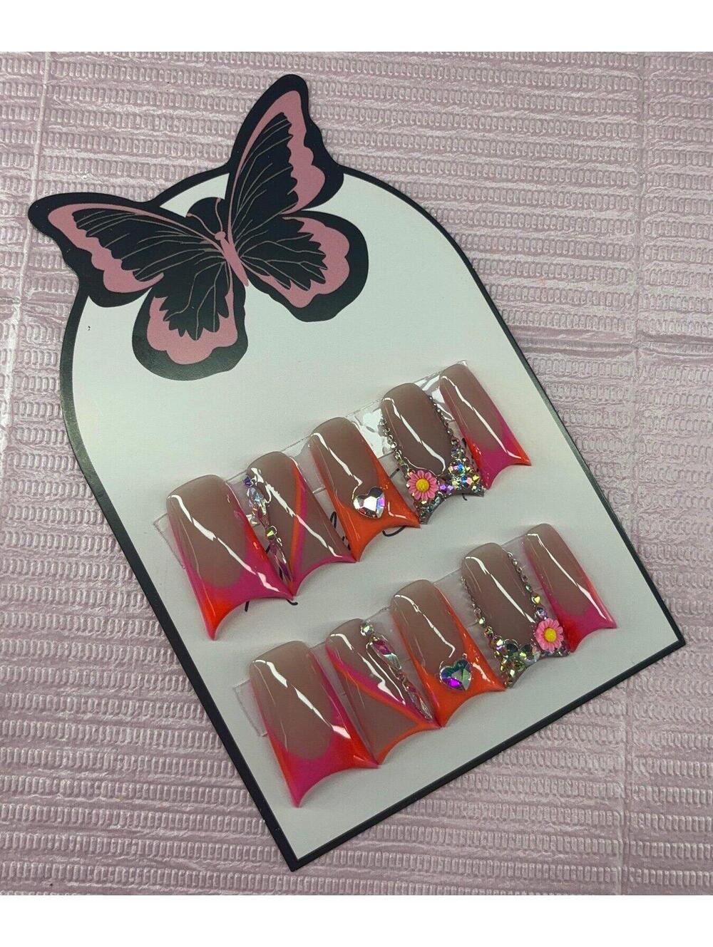 Long duck flared Press on nails rhinestones flowers orange pink French tips gel